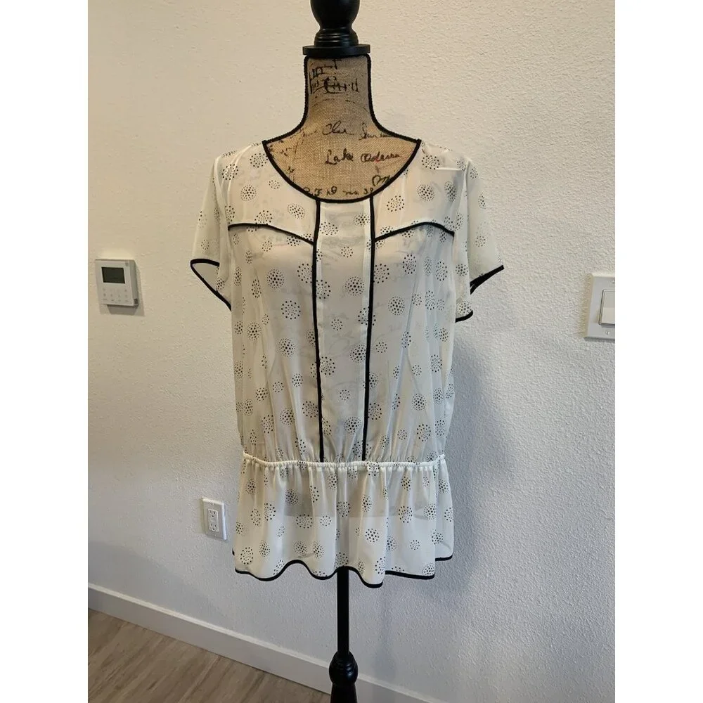 (F-181)Pleione Ivory Black Speckled Peplum Blouse Top Women’s Sz XL Short Sleeve - Picture 2 of 9